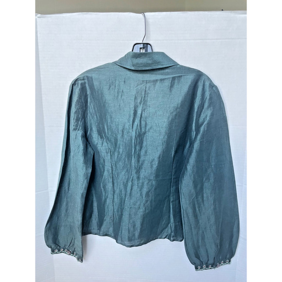 Folk Linen Blend Blouse S Green Embroidered Button Top Boho Cottagecore Romantic - Picture 2 of 9